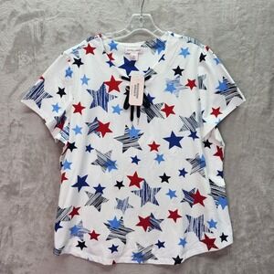 Allison Daley Shirt Womens Plus 1X White Red Blue Stars Lace Up Patriotic Top